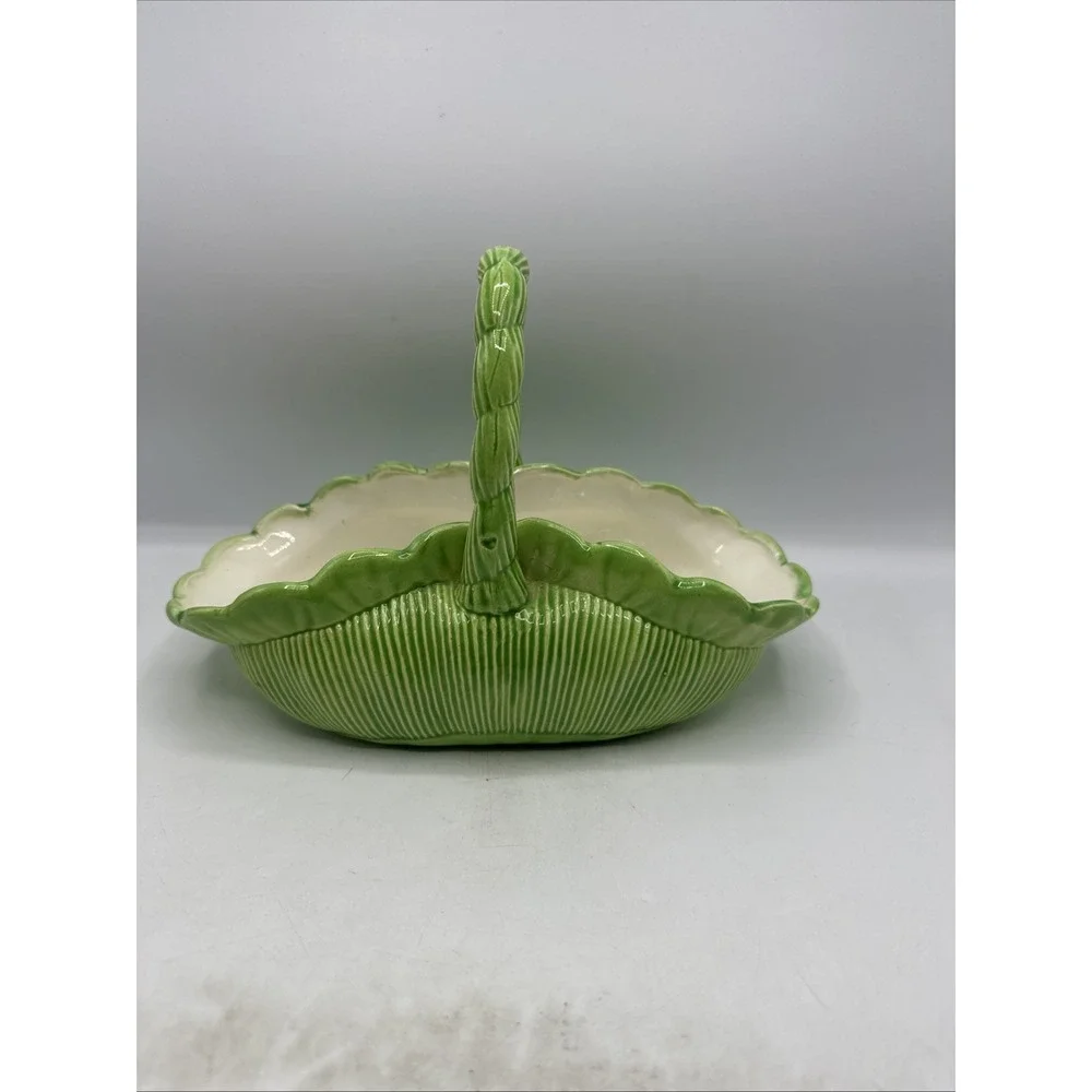 Dona's Ceramic Painted 1987 Green Basket Cabbage Leaf Edge  Vintage